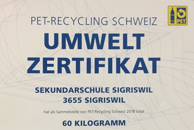 Zertifikat für korrekte Entsorgung von Petflaschen